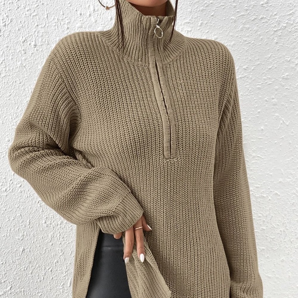 Casual Half Zip Split Hem Drop Shoulder Sweater Khaki - Picture 5 of 5